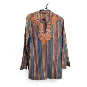 Soft Surroundings Beaded Embroidered Stripe Tunic Pink Blue Size M